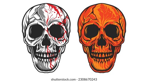 Human face skull with blood splatter. Fire skull vector illlustration.
