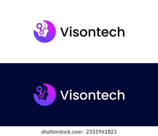 Human face with tech and technology logo design, Letter v tech logo design