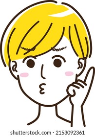 A human face that points its mouth and points its index finger to sneak