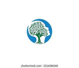 Human Face and Tree Brain Logo Concept. Human Mind, Thinking, Growth Vector Illustration.