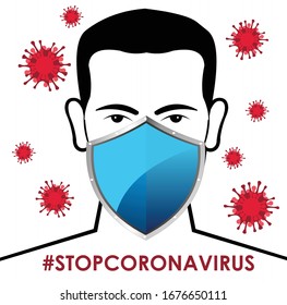 Human face using shield-shaped mask. Coronavirus protection