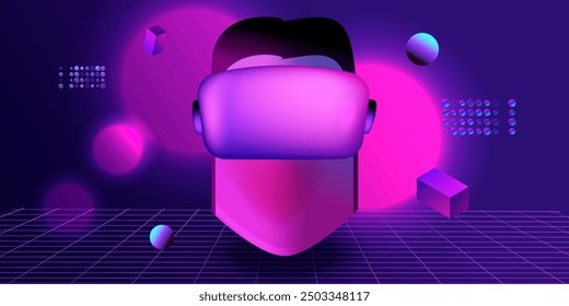 Human face in virtual reality glasses. Virtual reality gamer headset. VR helmet. Metaverse technology design vector. Ai concept.