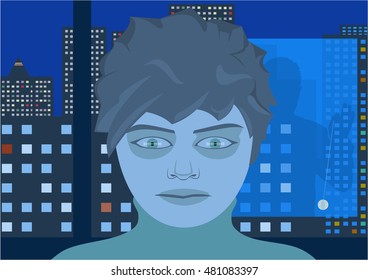 Human face with a zombie stare of tv addict youngster sitting against night cityscape, mentalist reflection with pendulum in the window.