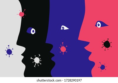 Human faces with coronavirus bacteria. Social distancing concept. Quarantine illustration. Group of people, crowd dangerously close in pandemic situation.