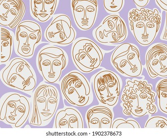 Human faces are drawn in an avant-garde style. Horizontal texture. Contour image of faces with lilac spots on a white background. The outline is brown. Vector illustration.