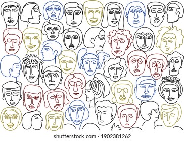 Human faces are drawn in an avant-garde style. Horizontal texture. Contour image on a white background. Colored outlines highlight emotions. Vector illustration.
