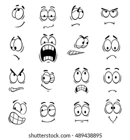 Human faces expressions and emotions. Cute smiles icons for emoticons. Vector emoji elements smiling, happy, surprised, sad, angry, mad, stupid, crying, shocked, comic, upset, silly, scared
