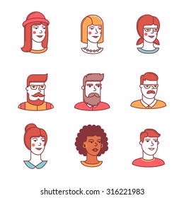 Human faces icons thin line set. Hipster characters. Flat style color vector symbols isolated on white.