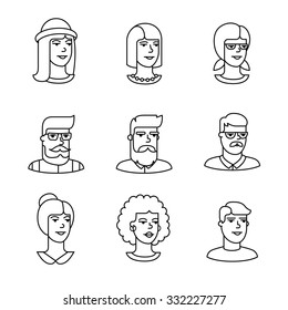 Human Faces Icons Thin Line Art Set. Hipster Characters. Black Vector Symbols Isolated On White.