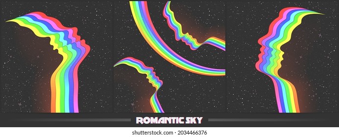 Human faces outline. Couple silhouette in space. Abstract LGBT rainbow