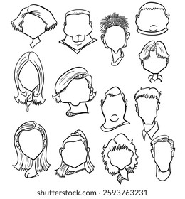 Human faces portraits black Ink sketch vector set. Woman and man face icons.
