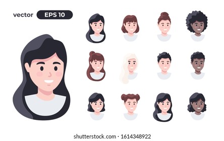 Human faces set. Man hair collection. Character face elements. Emotions: smiling, screaming. Cute cartoon people. Simple cartoon design. Simple design. Flat style vector illustration.