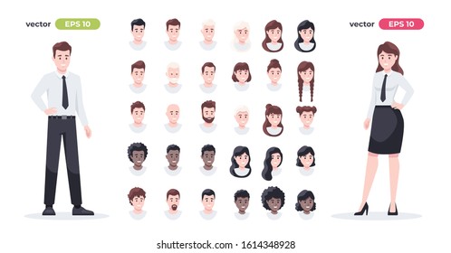 Human faces set. Man and woman. Male and female collection. Character face elements. Emotions, hairstyles. Cute cartoon people. Businessman. Simple cartoon design. Flat style vector illustration.