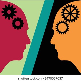 Siluetas de rostros humanos Abstractas de Gear Thinking. Vector de conceptos de actividades cerebrales e interacción social