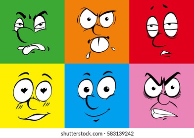 Human facial expressions on colorful background illustration