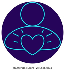 Icono de factor humano. Borde de neón minimalista sobre un fondo redondo azul oscuro. Una Ilustración vectorial elegante de una silueta humana con un corazón brillante, que simboliza los valores centrales, la empatía, la centralidad en el cliente y la inteligencia emocional (EQ) en la tecnología y los negocios