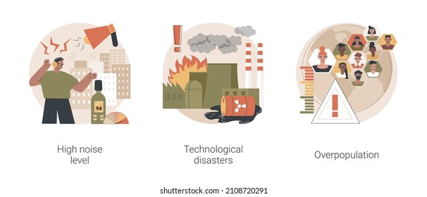 Conjunto de ilustraciones vectoriales de concepto abstracto de factores humanos. Alto nivel de ruido, desastres tecnológicos, accidentes industriales, sobrepoblación humana, crecimiento de la población urbana, metáfora abstracta ambiental.