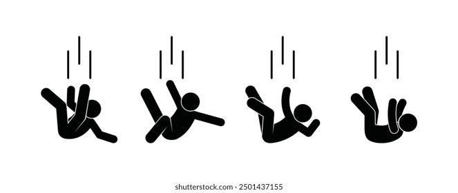 human fall icon set, stick figure human silhouette, people fell