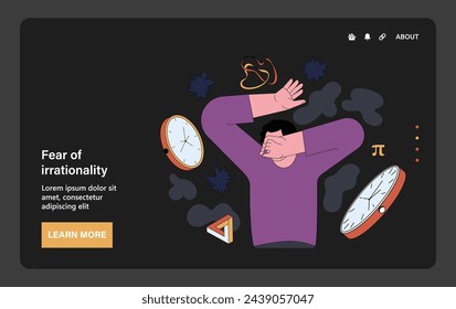 Human fear of irrationality dark or night mode web, landing. A person surrounded by symbols of chaos and confusion, depicting the fear of irrationality. Flat vector illustration.