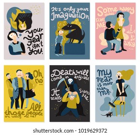 Human fears cards set with imagination symbols flat isolated vector illustration