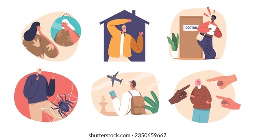 Human Fears Concept With Characters Afraid Of Aging, Closed Spaces, Doctors, Spiders, Air Flights And Public Opinion