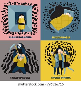 Human fears concept icons set with social phobia symbols flat isolated vector illustration