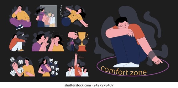Human fears dark or night mode set. Scared characters confronting personal emotional and existential fears. Frightened anxious person suffering from panic disorder. Flat vector illustration