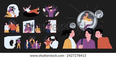 Human fears dark or night mode set. Scared characters confronting personal phobias. Frightened anxious person suffering from panic disorder. Psychological problem. Flat vector illustration