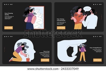 Human fears dark or night mode web, landing set. Scared characters confronting personal phobias. Frightened anxious person suffering from panic disorder. Psychological problem. Flat vector