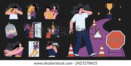 Human fears dark or night set. Scared characters confronting personal phobias. Frightened anxious person suffering from panic disorder. Psychological problem. Flat vector illustration