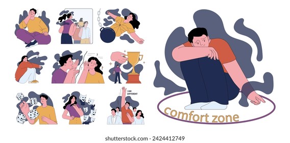Human fears set. Scared characters confronting personal emotional and existential fears. Frightened anxious person suffering from panic disorder. Psychological problem. Flat vector illustration