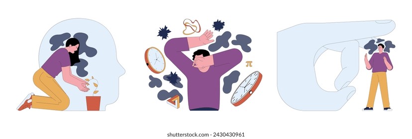 Human fears set. Scared characters confronting personal phobias. Frightened anxious person suffering from panic disorder. Psychological problem. Flat vector illustration