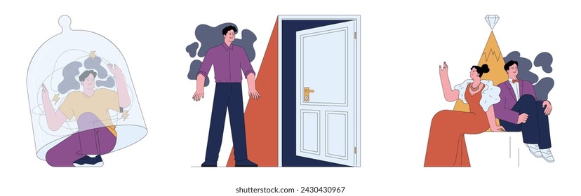 Human fears set. Scared characters confronting personal phobias. Frightened anxious person suffering from panic disorder. Psychological problem. Flat vector illustration