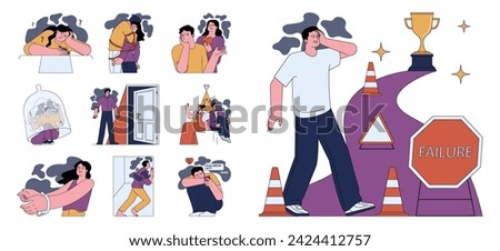 Human fears set. Scared characters confronting personal phobias. Frightened anxious person suffering from panic disorder. Psychological problem. Flat vector illustration