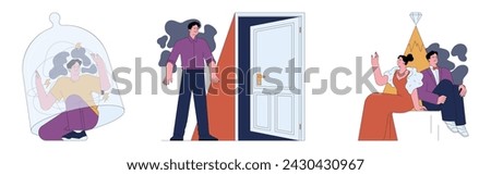 Human fears set. Scared characters confronting personal phobias. Frightened anxious person suffering from panic disorder. Psychological problem. Flat vector illustration