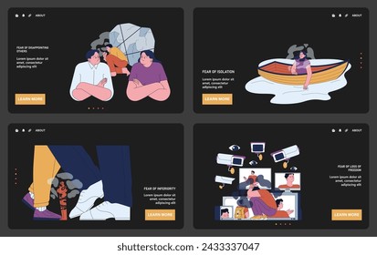 Human fears web or landing dark or night mode set. Scared characters confronting personal inadequacies and control issues. Inadequacy and dependence phobias. Flat vector illustration