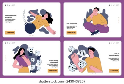 Menschliche Ängste Web oder Landing-Set. Verängstigte Charaktere, die persönlichen emotionalen und existenziellen Ängsten gegenüberstehen. Ängstliche Person mit Panikstörung. Flache Vektordarstellung