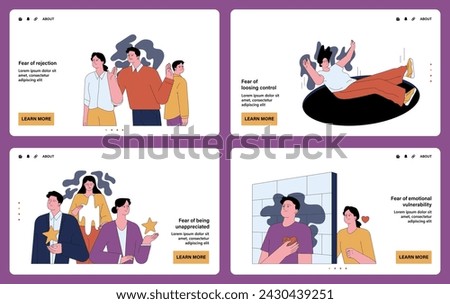 Human fears web or landing set. Scared characters confronting personal phobias. Frightened anxious person suffering from panic disorder. Psychological problem. Flat vector illustration