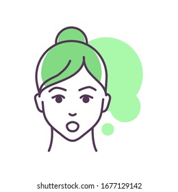 Human feeling astonishment line color icon. Face of a young girl depicting emotion sketch element. Cute character on green background. Outline vector illustration