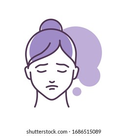 Human feeling depression line color icon. Face of a young girl depicting emotion sketch element. Cute character on violet background. Outline vector illustration.