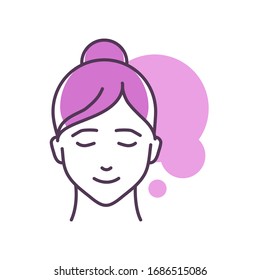 Human feeling desire line color icon. Face of a young girl depicting emotion sketch element. Cute character on violet background. Outline vector illustration.