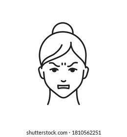 Human feeling hate line black icon. Face of a young girl depicting emotion sketch element. Cute character on white background.