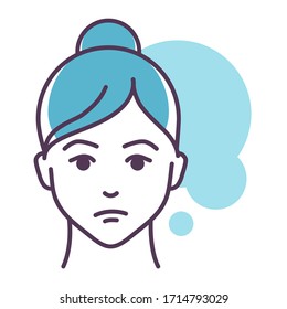 Human feeling helplessness line color icon. Face of a young girl depicting emotion sketch element. Cute character on blue background. Outline vector illustration