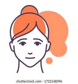 Human feeling pity line color icon. Face of a young girl depicting emotion sketch element. Cute character on yellow background. Outline vector illustration