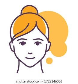Human feeling satisfaction line color icon. Face of a young girl depicting emotion sketch element. Cute character on yellow background. Outline vector illustration