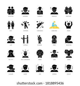 Human feelings black glyph icons set on white space. Positive and negative emotions, mood expressions silhouette symbols. Different psychological reactions, mental states. Vector isolated illustration