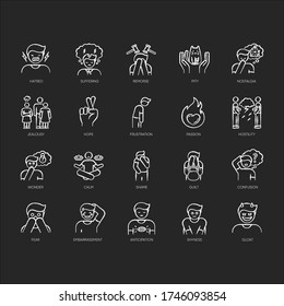 Human feelings chalk white icons set on black background. Psychological treatment. Positive attitude. Negative behaviour. Moral emotion. Suffering from pain. Isolated vector chalkboard illustrations