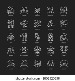 Human feelings chalk white icons set on black background. Positive and negative emotions, mood expressions. Different psychological reactions, mental states. Isolated vector chalkboard illustrations