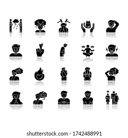 Human feelings drop shadow black glyph icons set. Psychological treatment. Positive attitude. Negative behaviour. Mental health issue. Suffering from pain. Isolated vector illustrations on white space