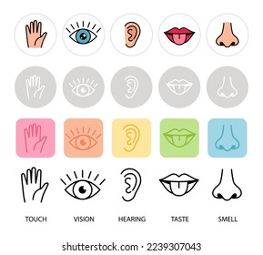 Sentimientos humanos. Ilustración vectorial de cinco sentidos. Iconos de labios, manos, nariz, ojos y oídos. Olor, tacto, audición, sensorial y gusto perciben pictogramas del gusto olfato y tacto